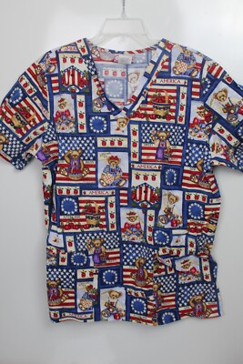 Cherokee Patriotic Nurse Scrub Top Size Medium pocket VNeck CNA Dental