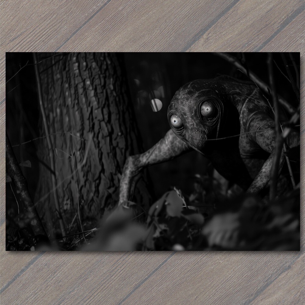 POSTAL Alien Being Trail Cam Encontrado Extraño Ojos de Miedo Bosques Loco Inusual Espeluznante