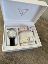 GUESS WHITE PINK BLACK CROC LTHR INTERCHANGABLE BAND SILVER WATCH SET U95096L1