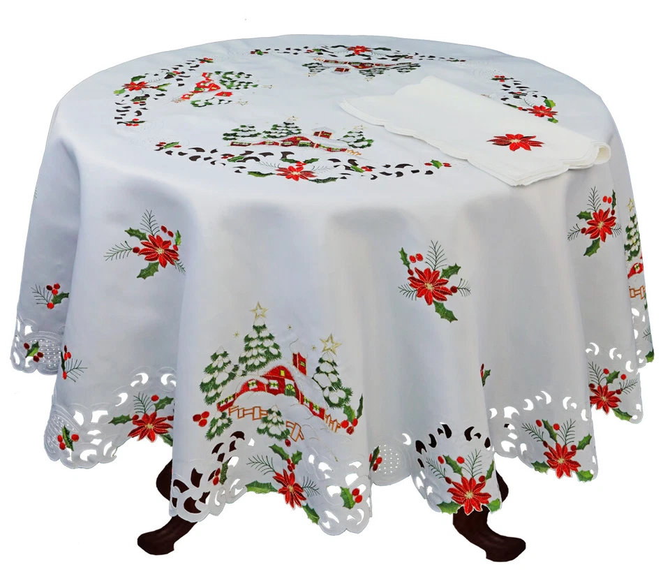 Holiday Embroidered Christmas Tree Poinsettia Tablecloth & Napkins White 6700W  - Image 3 of 4