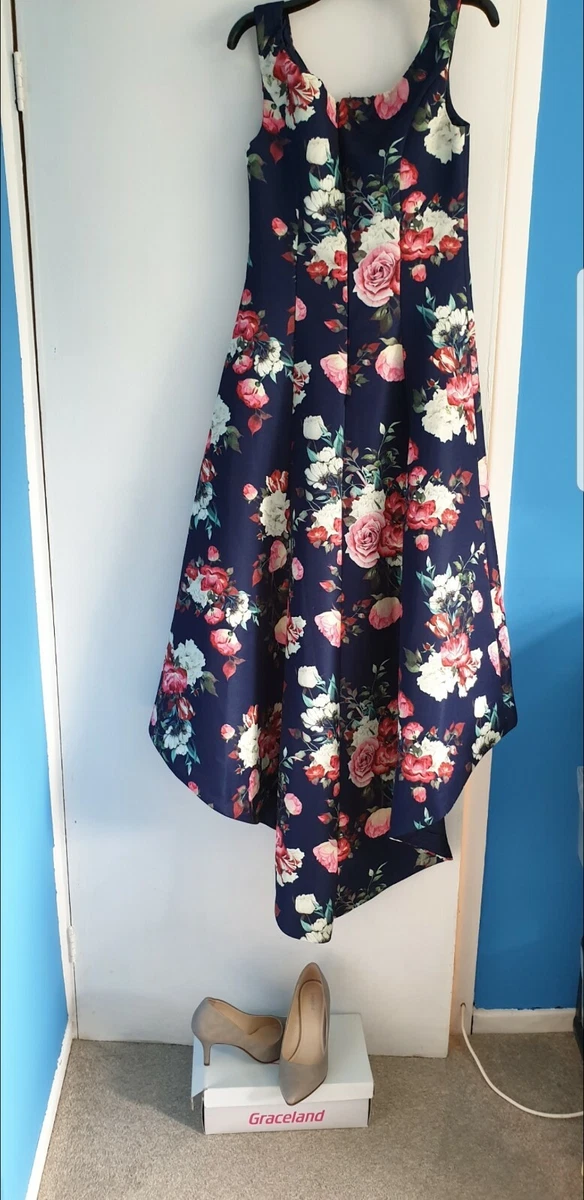 Chi chi blue floral print dip hem v neck off shoulder wedding gues