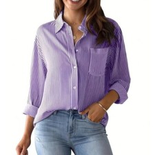 Ladies Blouse Long Sleeve Shirts Women Work Loose Lapel Neck Tops Casual Striped
