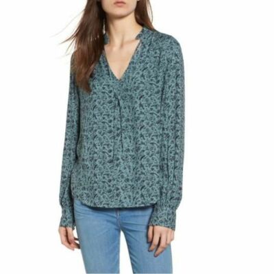 Hinge Woman XXS Blue Smoke Funky Imagery Ruffle V-Neck Blouse