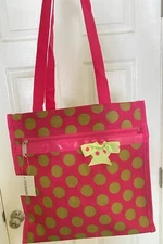 Shopping Tote Bag Pink & Green Polka Dot Vinyl w/ Coin Purse Reusable Bag Beach