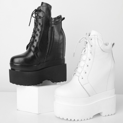 Black White Shoes Women's Cow Leather Wedge High Heels Snow Boots Platform Pumps - Picture 7 of 16