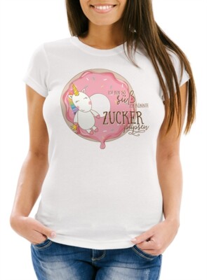 süßes Damen T-Shirt Einhorn auf Donut Ich bin so süß ich könnte Zucker pupsen