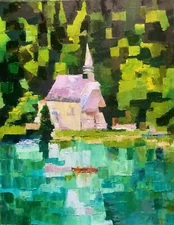 Church Lake Forest Abstract Swiss Original Painting Oil Impasto 9x7"Artwork eBay