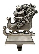 Christmas Stocking Hanger Santa's Sleigh Pewter Finish Mantle Hook Santa Claus