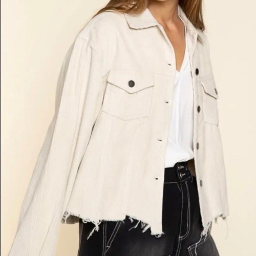 POL Clothing Distressed Corduroy Trucker Jacket Cream Size M - Picture 2 of 10