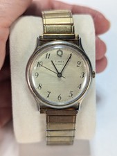 Vintage Timex Q Quartz Mens Watch Champagne Dial 34mm Gold Tone RUNNING New Bat
