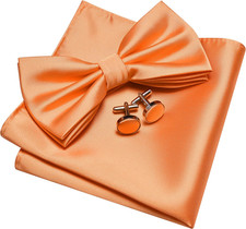 Mens Solid Color Double Fold Pre-tied Bow Tie and Pocket Square Cufflink Set wit