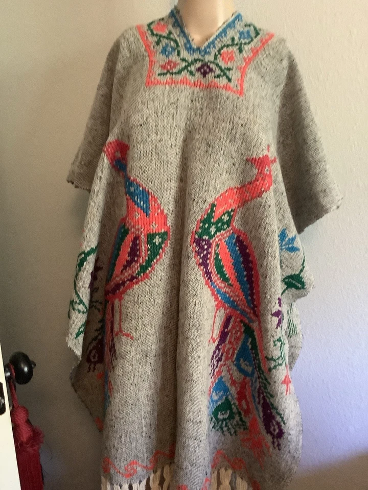 Vintage Handmade Mexican Vibrant Embroidered Cross Stitch Peacock Poncho MEXICO - Image 2 of 4