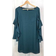 ANN TAYLOR Size 4 Cascading Ruffle Sleeve Shift Dress Keyhole Back Green