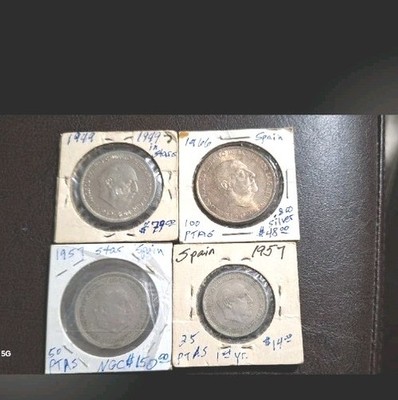 Lot of SPANISH Coins 14 Total RARE 50 Ptas 1957/58 In STAR, 1966 Silver 100 Ptas