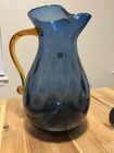 Blenko Handmade Blue Art Glass Pitcher Amber Handle Glossy Round Solid