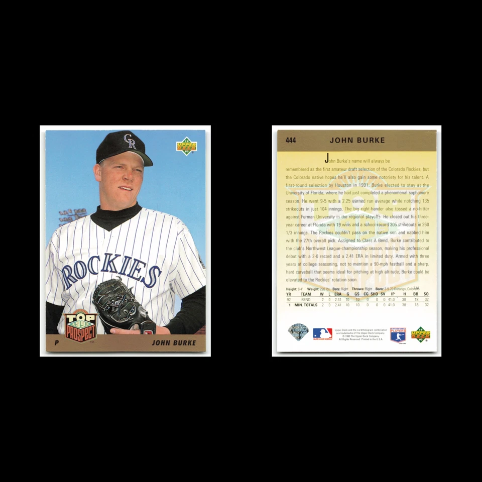 John Burke Rookie #444 1993 Upper Deck Colorado Rockies Baseball Card MLB NM - Image 3 of 3