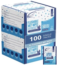 Flushable Wipes, 50 (Box of 2) Individually Wrapped, Extra Large 7"x7" Adult