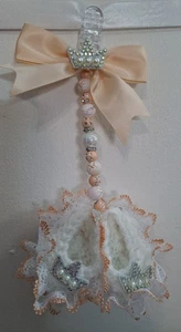 Pram charms*new*peach/white girl booties Baby pram charm hand knitted With Beads