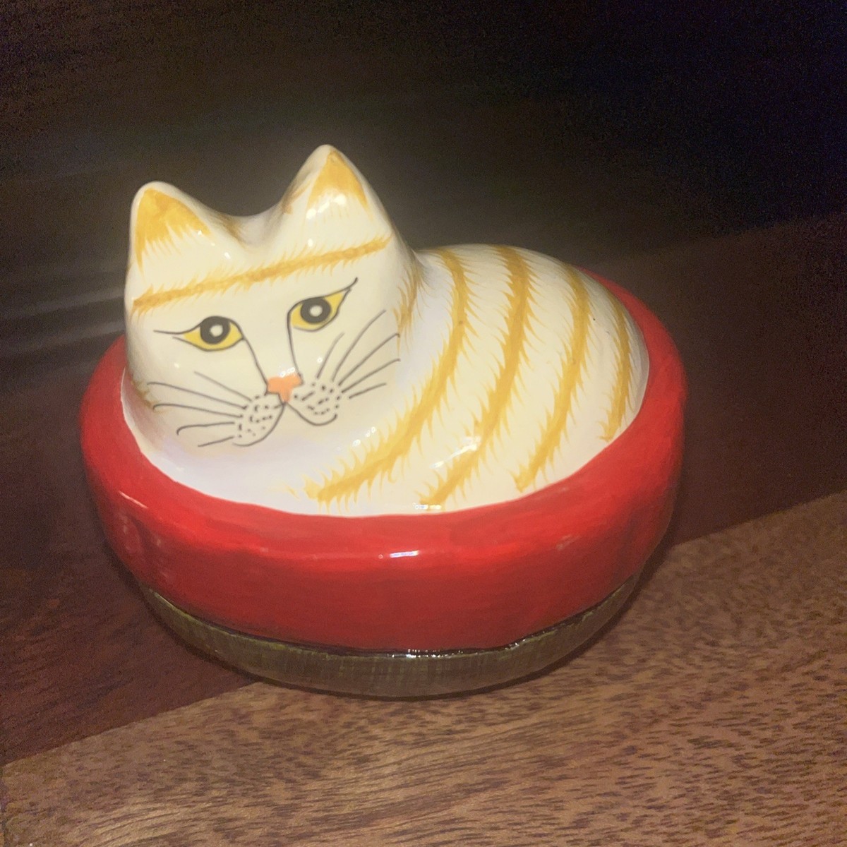 Museum Of Fine Arts Boston Paper Machete Cat Trinket Box green, red, striped cat