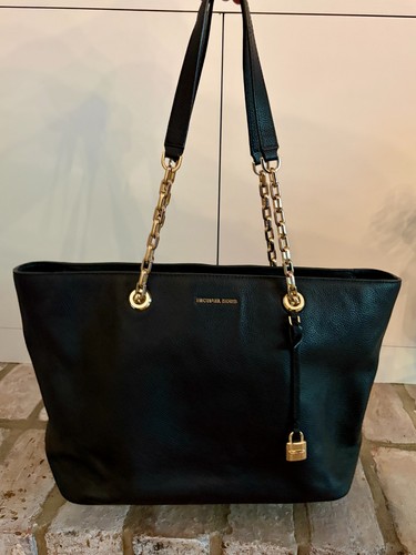Michael Kors Mercer Chain-link Pebbled Leather Tote Purse Black Gold accents