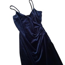 Windsor Navy Velvet Ruched Slip Dress S V-Neck Spaghetti Straps Short 0036