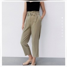 Zara Baggy High waisted Belted Olive Pant Size Small