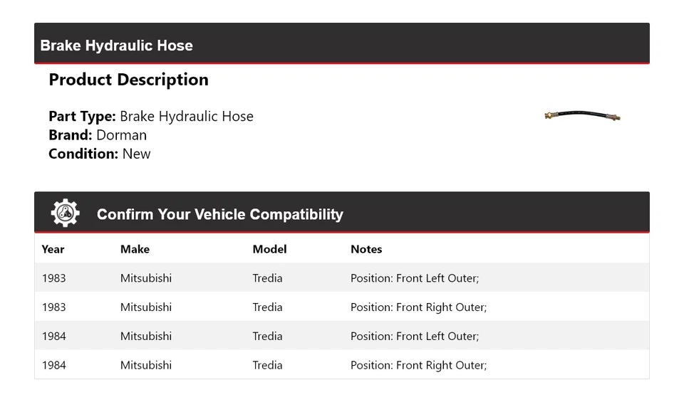 适用于 1983 - 1984 三菱 Tredia Dorman 制动液压软管 — 第 2/4 张图片
