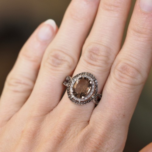 Smokey Quartz Oval & Diamond Halo 14K White Gold Size 8.5 Fine Ring - Picture 4 of 6
