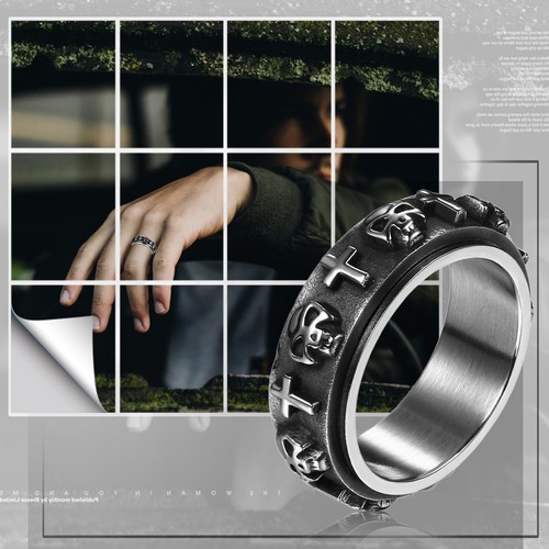 Gothic Skull Cross Spinner Ring Men's Stainless Steel Fidget Band Anti-Anxiety - Picture 11 of 18