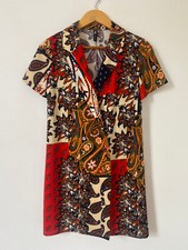 Zara Dress Medium Wrap Red Green Short Button Collar Paisley 