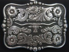 Nocona Western Belt Buckle Rectangle Longhorn Silver Tone and Black 37586