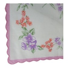 Vintage Handkerchief Hanky w/ Purple Freesia Coral Wild Flowers Scallop Border