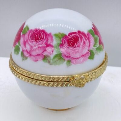 Porcelain Floral Trinket Box Sphere Transfer Flowers Crazing