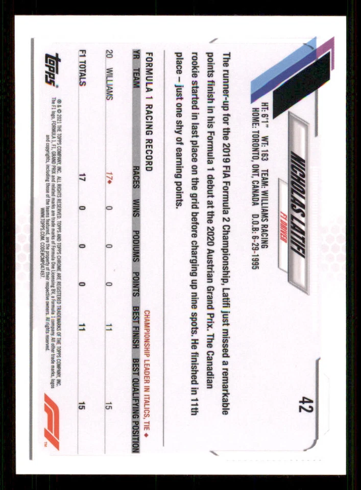 2021 Topps Chrome Formula 1 #42 Nicholas Latifi - Image 2 of 2