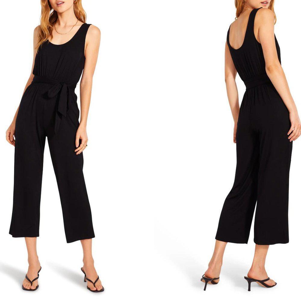 BB Dakota x Steve Madden Black Tie Belt Crop Crepe Jumpsuit Size