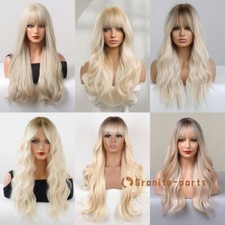 Long Body Wavy Ombre Platinum Blond Natural Fanshion Wigs with Bangs Hair Daliy
