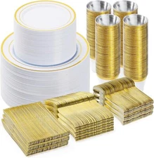 600PCS Gold Dinnerware Set for 100 Guests, Plastic Plates for Party, 100 Gold