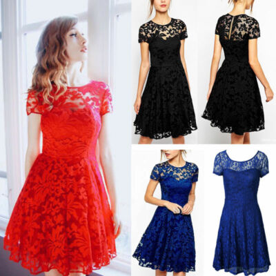 Women Vintage Lace Round Neck Formal Wedding Cocktail Evening Party Swing Dress | eBay Women Vintage Lace Round Neck Formal Wedding Cocktail Evening Party Swing Dress | eBay