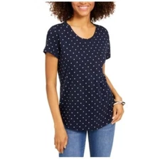 Style & Co Womens L Navy Blue Polka Dot Short Sleeve T Shirt Top NWT CQ76