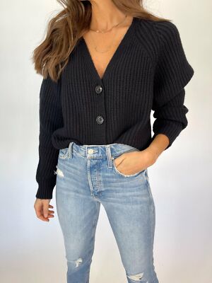 Rails Damen Strickjacke Large Josie Langarm schwarz cropped weich Rippstrick Baumwolle
