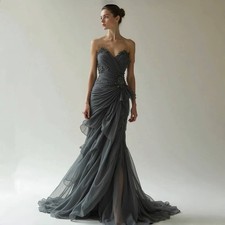 Elegant Mermaid Evening Dresses Sweetheart Neck Ruched Tulle Beaded Prom Gowns
