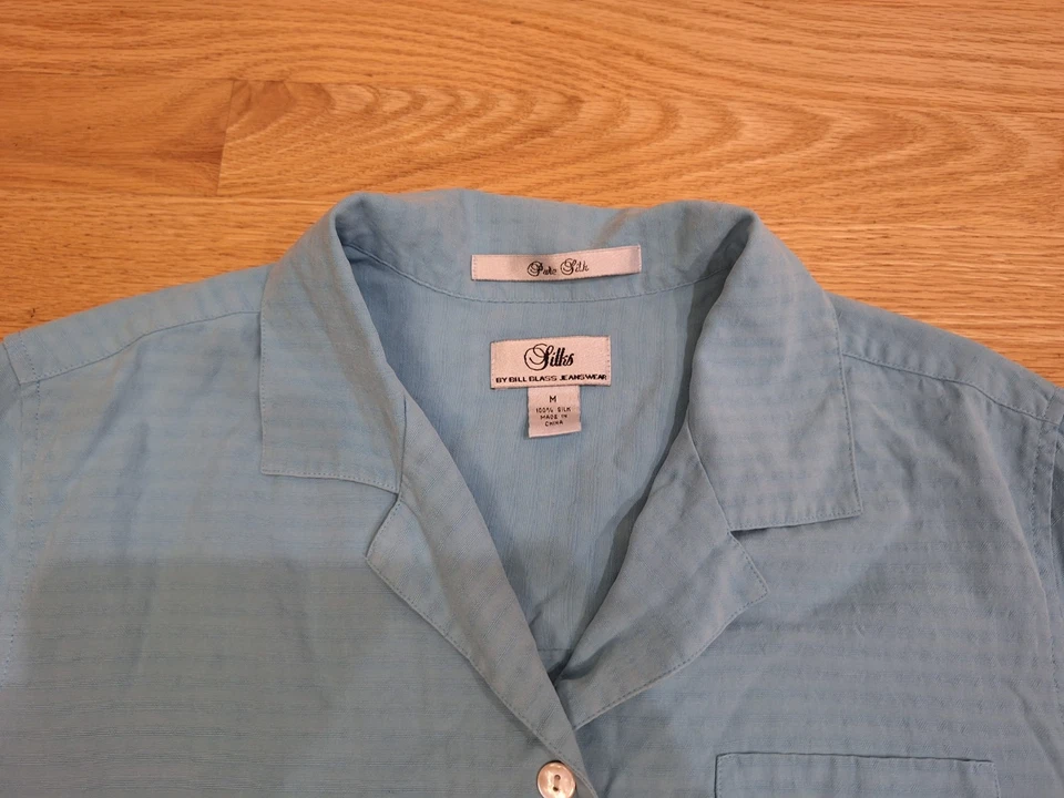 Camisa abotonada vintage de seda pura Bill Blass para mujer M vacaciones aguamarina manga corta Foto 2 de 4
