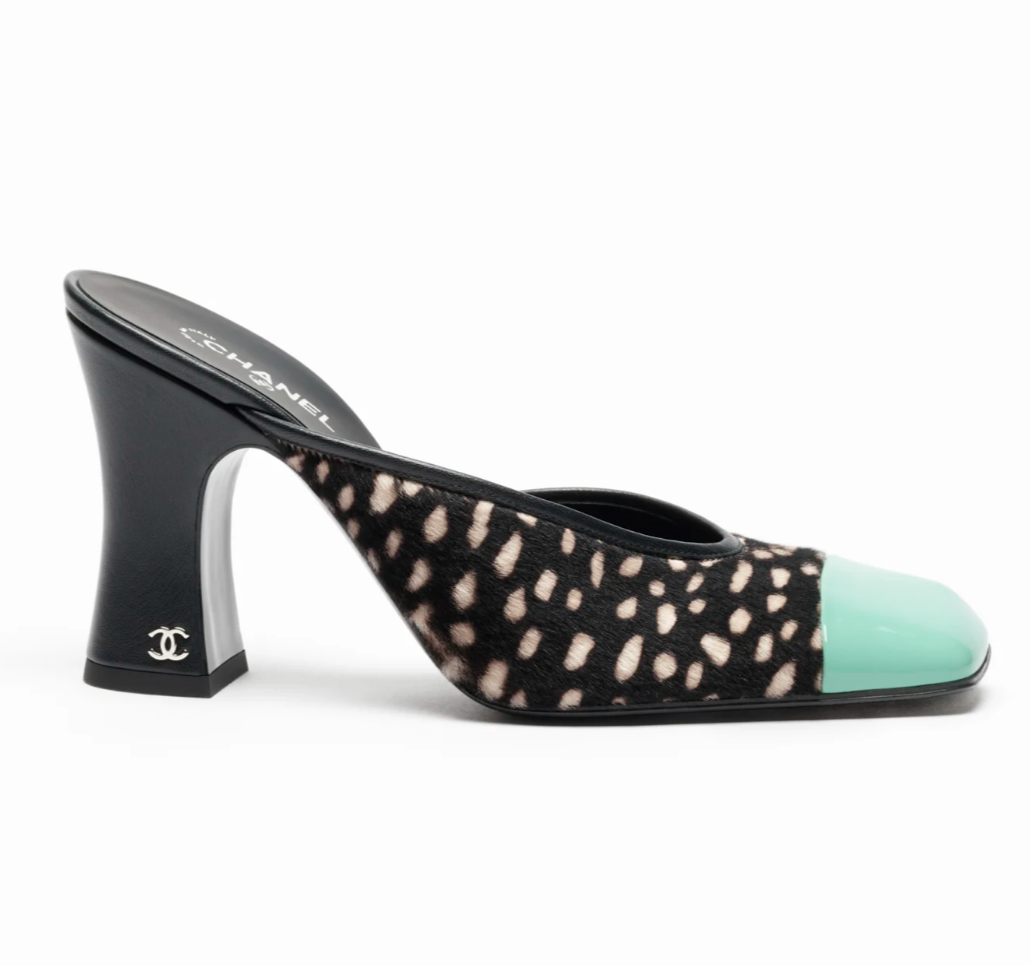 Chanel 26S Blazy Black White Pony Fur Green Square Toe Block Heel
