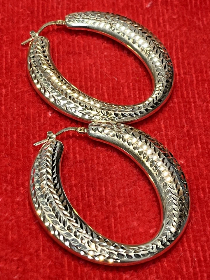 Винтажные серьги из чистого серебра 950 Милан Италия большие овальные бриллиантовая огранка 1 7/8 дюйма L - Изображение 4 из 4