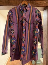 Vintage Wrangler Brushpopper Purple Navajo Pattern Button Up 17 1/2 x 35