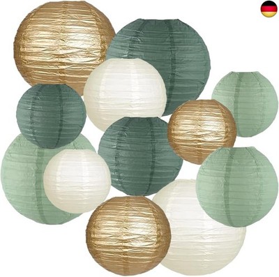 12 Stück Retro Salbei Grün Cream und Gold Papier Lampions,Salbeigrün Papier La