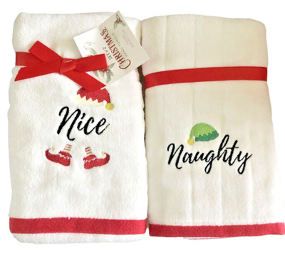Christmas Naughty Nice Elf Hand Towels Set of 2 Bathroom Red White Holiday Bath