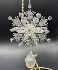 Acrylic Snowflake Silver Glitter Ornament With Dangling Snowman Head