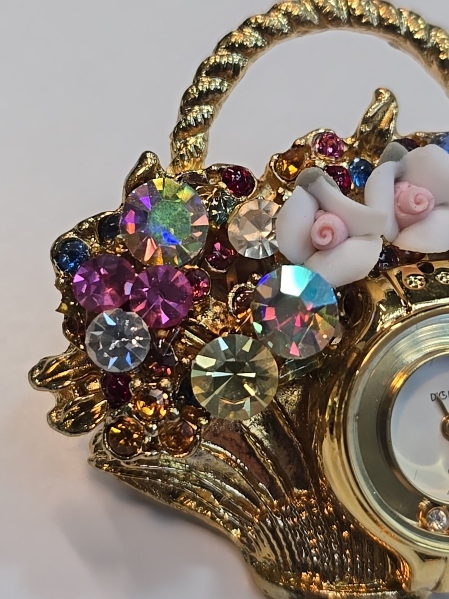 Bonetto Digits Watch Brooch Pin Flower Basket Faceted Faux Gems