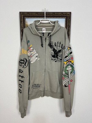Vintage Ed Hardy Tatoo Hoodie Rare Skull Hype Jacket Over Print Mens Size XL